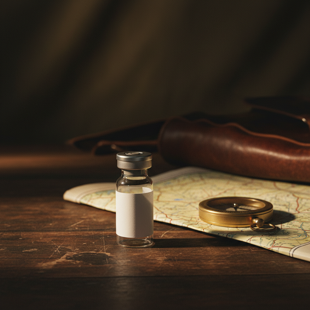Research peptide vial on a weathered expedition surface